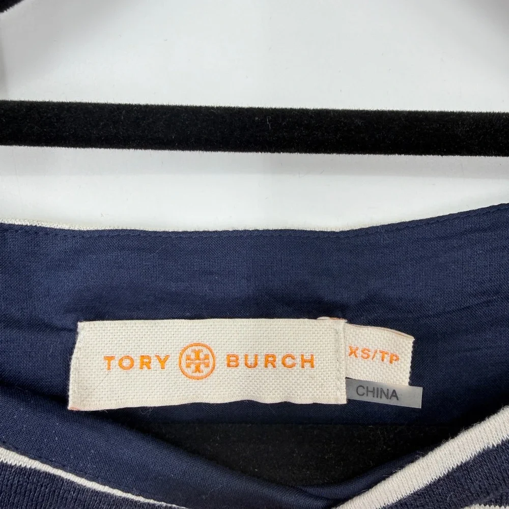 Tory Burch Navy White‎ Striped 100% Linen Drop Waist Flounce Dress XS 10152406